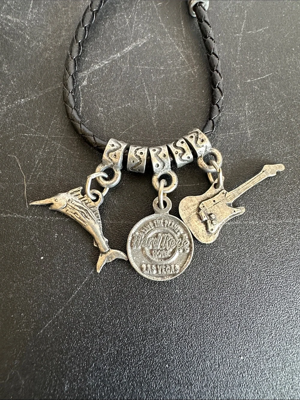 Hard Rock Cafe Las Vegas Black Braided Leather Charm Bracelet/Necklace Set